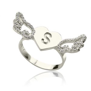 Heart Angel Wings Ring Graverad Initial & Birthstone Sterling Silver