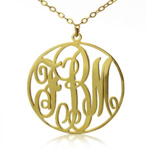 Solid Gold Vine Font Circle Initial Monogram Necklace - 10K / 14K / 18k