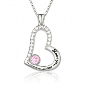 "Love You Mom" Birthstone Necklace Sterling Silver