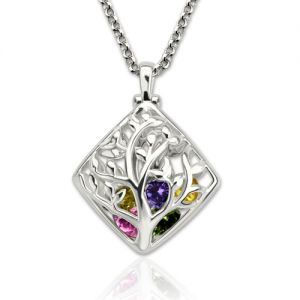 Rhombus Cage Family Tree Birthstone Necklace Platinum Plated