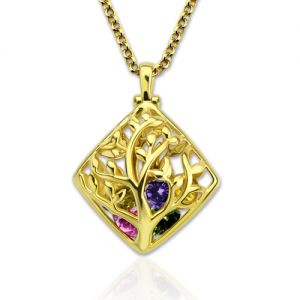 Rhombus Cage Family Tree Birthstone Necklace Guldpläterad