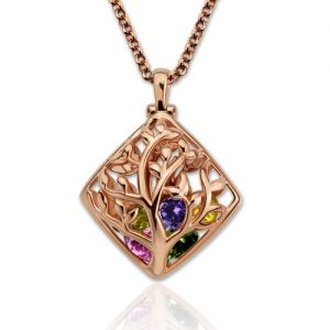 Rhombus Cage Family Tree Birthstone Necklace I Rose Gold