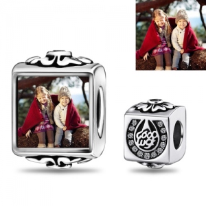 Sterling Silver &quot;Lycka till&quot; Square Photo Charm