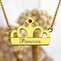 Princess Crown Charm Necklace med Birthstone &amp; Name 18k Gold