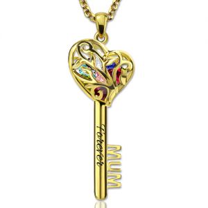 Mamma Heart Cage Key Necklace With Birthstones Gold Plated