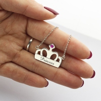 Crown Charm Necklace med Birthstone &amp; Name Sterling Silver