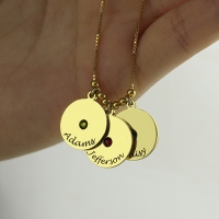 Mother&#39;s Disc and Birthstone Charm Name Necklace 18 k guld