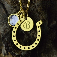 Birthstone Horseshoe Lucky Necklace with Initial Charm 18k Gold Plate