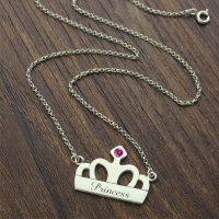 Crown Charm Necklace med Birthstone &amp; Name Sterling Silver