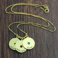 Mother&#39;s Disc and Birthstone Charm Name Necklace 18 k guld