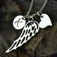Girl&#39;s Angel Wing Necklace Gift With Heart &amp; Initial Charm
