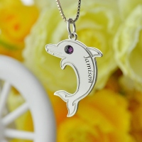 Dolphin Necklace med Birthstone &amp; Name Sterling Silver