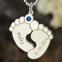 Memory Baby&#39;s Feet Charms Necklace with Birthstone Sterling Silver