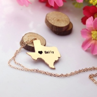 USA State Texas Map Necklace With Heart &amp; Name Rose Gold