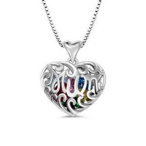 Personligt Birthstone Heart Cage Necklace Sterling Silver