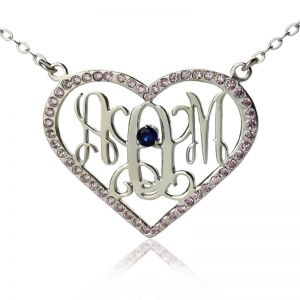 Heart Birth Birthstone Valentine's Monogram Necklace Presents for Her