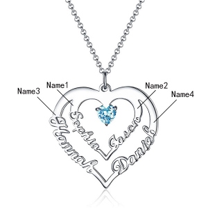 Personalized Heart Necklace with 4 Names & Birthstones in Sterling Silver