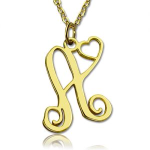 Personlig en initial med hjärta monogram halsband massivt guld
