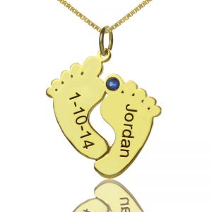 Birthstone Baby Feet Charms Necklace with Date & Name Gold
