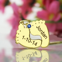 Birthstone Baby Feet Charms Necklace with Date &amp; Name Gold