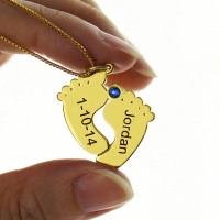 Birthstone Baby Feet Charms Necklace with Date &amp; Name Gold