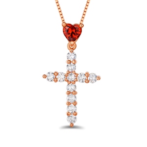 Personligt hjärta Birthstone Cross Necklace i rosa guld