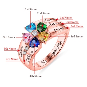 Graverade 5 hjärtformade födelsestenar ring i rosa guld